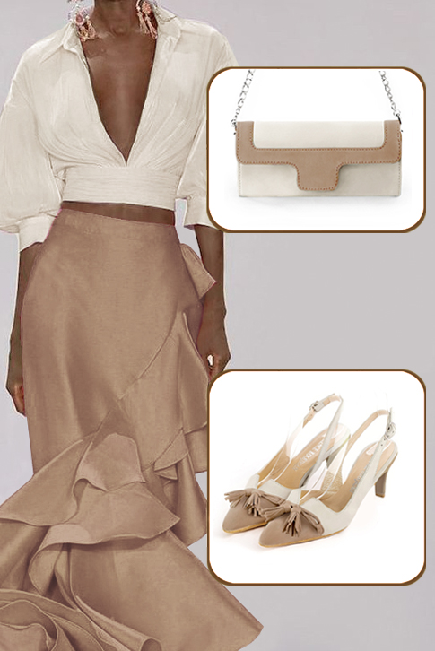 Matching tan beige and off white elegant slingback heels, with a bow on the front and luxurious clutch for ceremonies - Set view